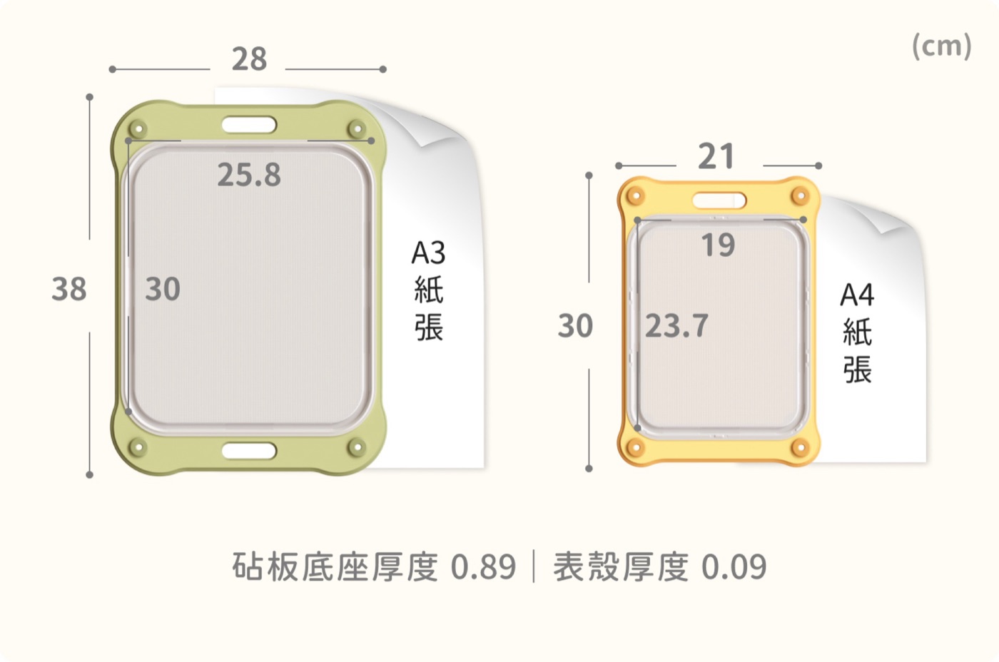 扣扣循環砧板尺寸圖 — 大款 A3、小款 A4
