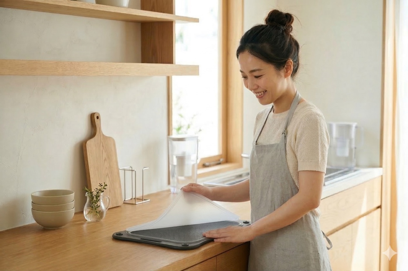 女性在廚房使用扣扣循環砧板