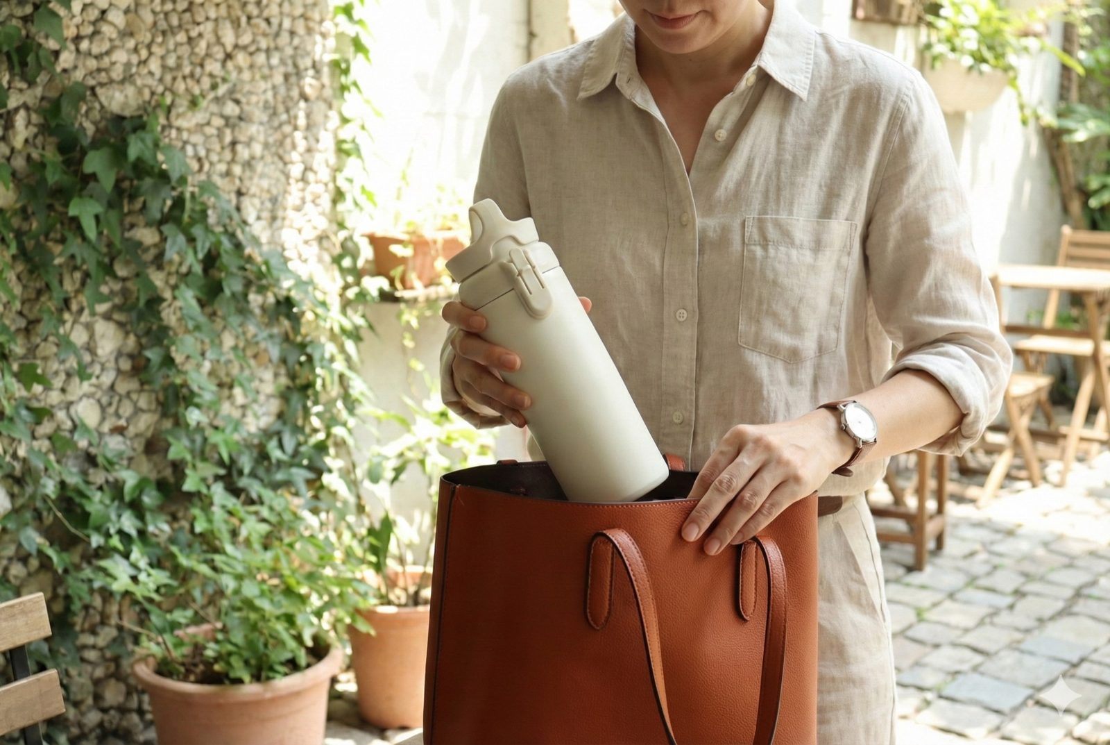 密封模式的 Mug2go 放進托特包